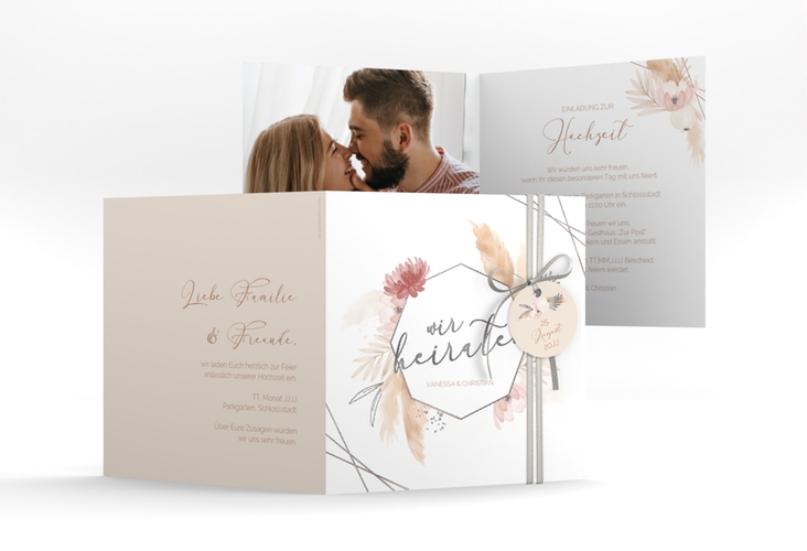 Hochzeitseinladung Bohostyle quadr. Klappkarte silber mit Pampasgras in Aquarell