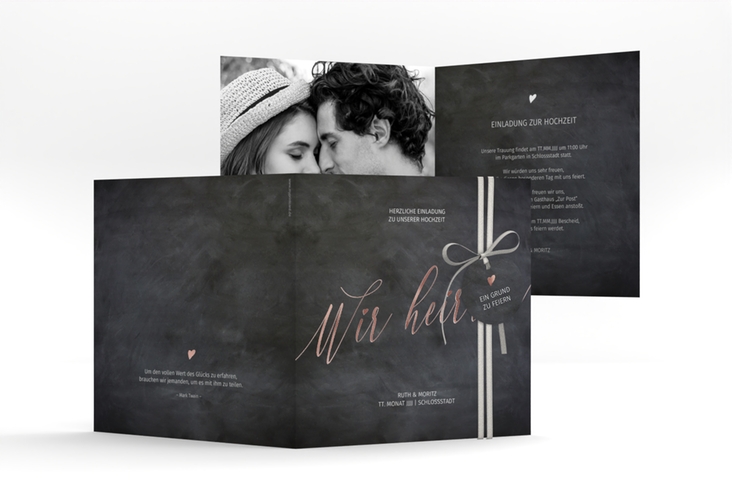 Hochzeitseinladung Chalkboard quadr. Klappkarte rosegold mit Folienveredelung