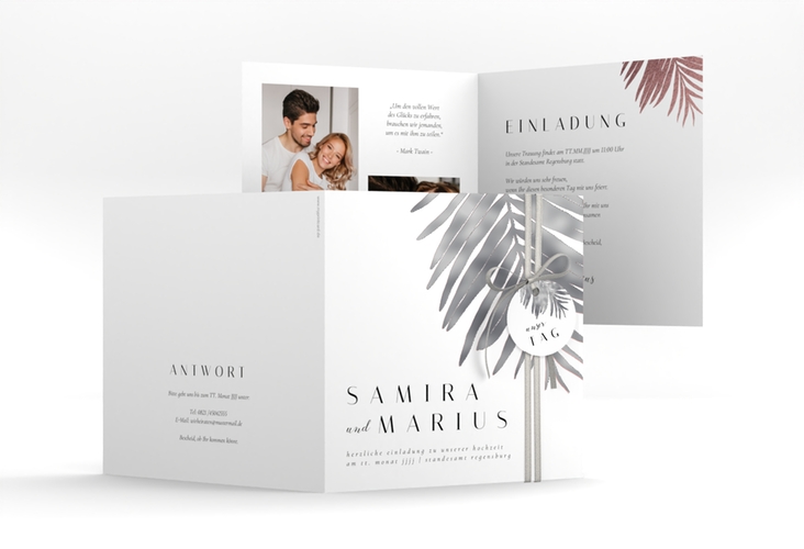 Hochzeitseinladung Palmenblatt quadr. Klappkarte silber mit Palmenwedel