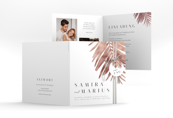 Hochzeitseinladung Palmenblatt quadr. Klappkarte rosegold mit Palmenwedel