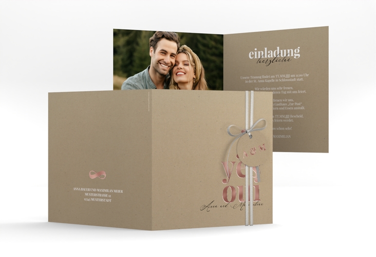 Hochzeitseinladung Oui quadr. Klappkarte rosegold mit Ja-Wort in verschiedenen Sprachen
