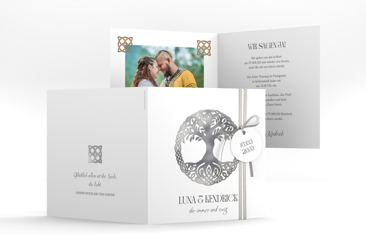 Hochzeitseinladung Lebensbaum quadr. Klappkarte silber im Stil der Kelten und Wikinger