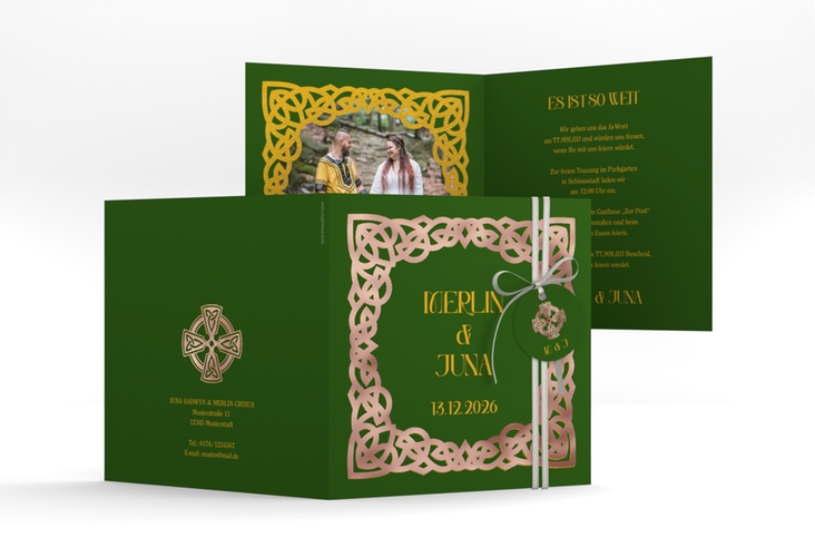 Hochzeitseinladung Celtic quadr. Klappkarte rosegold mit keltischem Knoten in irischen Farben