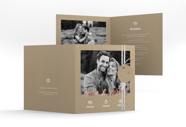 Hochzeitseinladung Icons quadr. Klappkarte rosegold mit großem Foto des Brautpaars