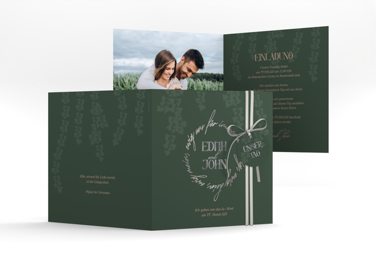 Hochzeitseinladung Efeugrün quadr. Klappkarte silber im Fantasy-Elfen-Design mit Efeu