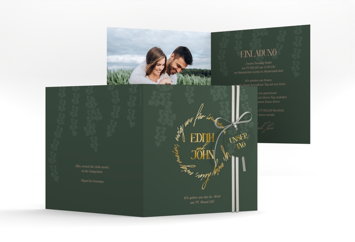Hochzeitseinladung Efeugrün quadr. Klappkarte gold im Fantasy-Elfen-Design mit Efeu