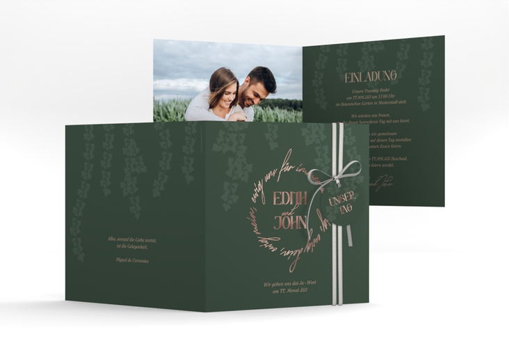 Hochzeitseinladung Efeugrün quadr. Klappkarte rosegold im Fantasy-Elfen-Design mit Efeu