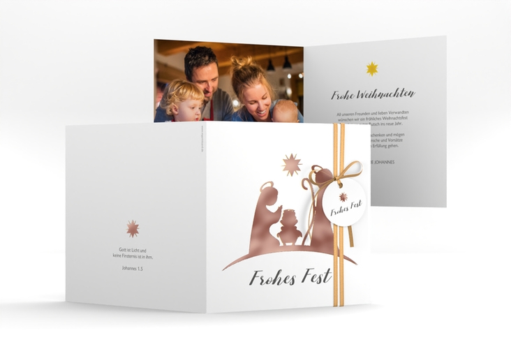 Weihnachtskarte Krippe quadr. Klappkarte rosegold mit Maria, Josef und Jesuskind