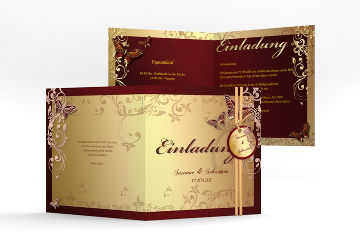 Hochzeitseinladung Toulouse quadr. Klappkarte rosegold romantisch mit Schmetterlingen