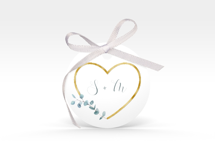 Geschenkanhänger Hochzeit Greenheart Geschenkanhänger, rund grau gold mit elegantem Herz und Eukalyptus-Zweig
