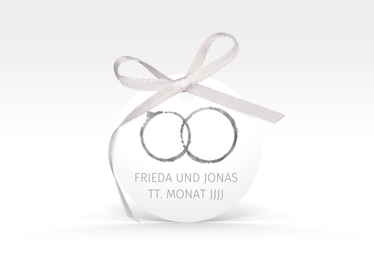 Geschenkanhänger Hochzeit Trauringe Geschenkanhänger, rund grau silber minimalistisch gestaltet mit zwei Eheringen