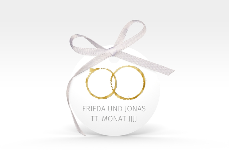 Geschenkanhänger Hochzeit Trauringe Geschenkanhänger, rund grau gold minimalistisch gestaltet mit zwei Eheringen