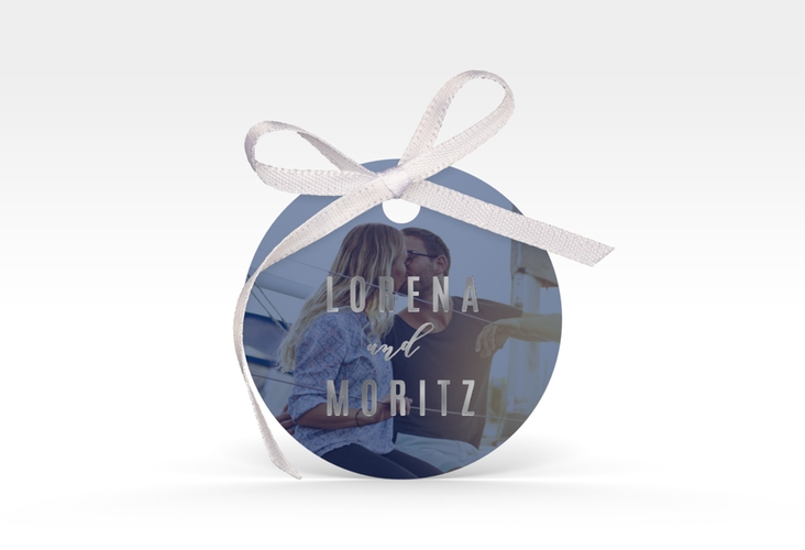 Geschenkanhänger Hochzeit Memory Geschenkanhänger, rund blau silber zum Personalisieren mit Foto