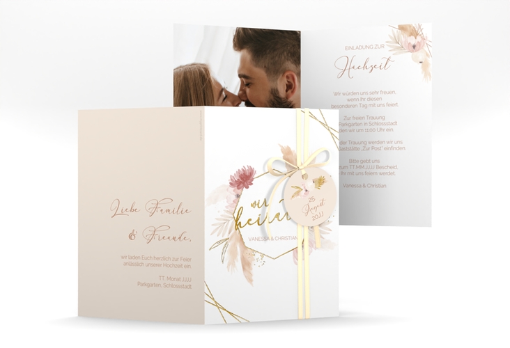 Einladungskarte Hochzeit Bohostyle A6 Klappkarte hoch gold mit Pampasgras in Aquarell