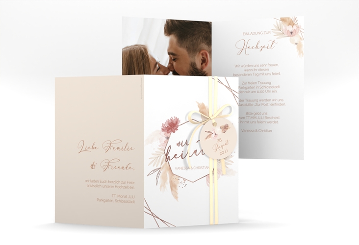 Einladungskarte Hochzeit Bohostyle A6 Klappkarte hoch rosegold mit Pampasgras in Aquarell