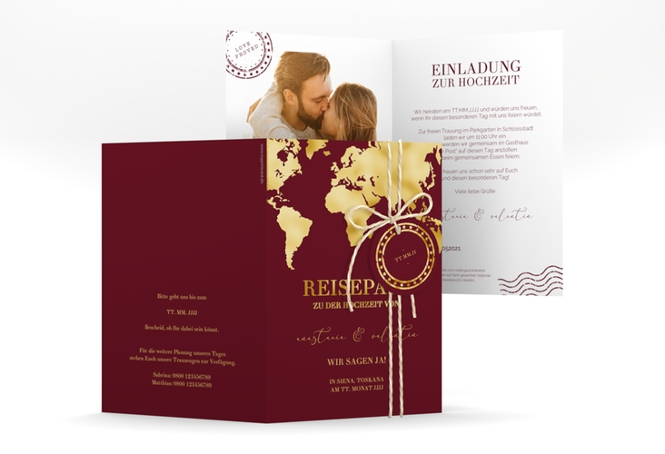 Einladungskarte Hochzeit Traumziel A6 Klappkarte hoch gold im Reisepass-Design