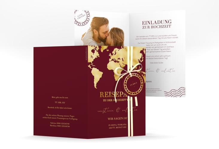 Einladungskarte Hochzeit Traumziel A6 Klappkarte hoch gold im Reisepass-Design