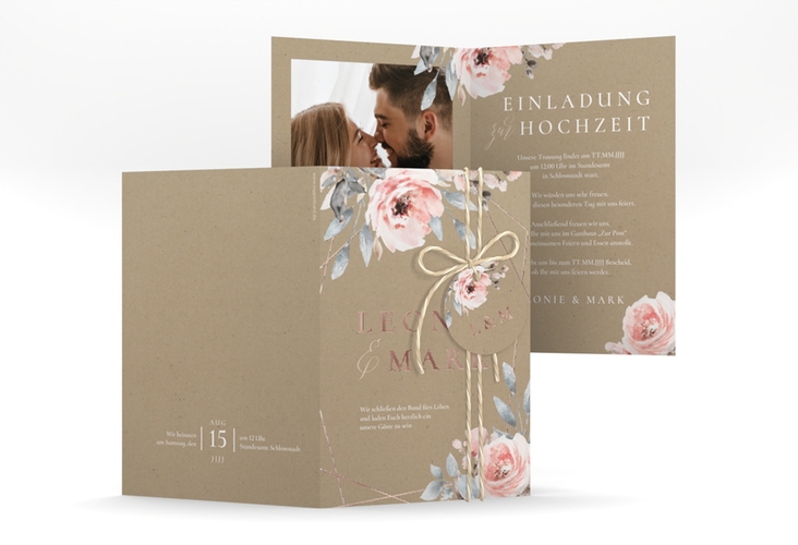 Einladungskarte Hochzeit Perfection A6 Klappkarte hoch rosegold mit rosa Rosen