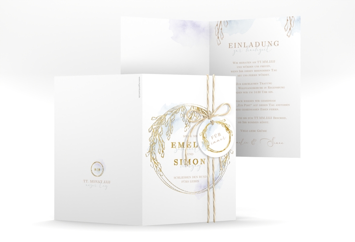 Einladungskarte Hochzeit Wisteria A6 Klappkarte hoch gold mit Blumenbogen aus Blauregen