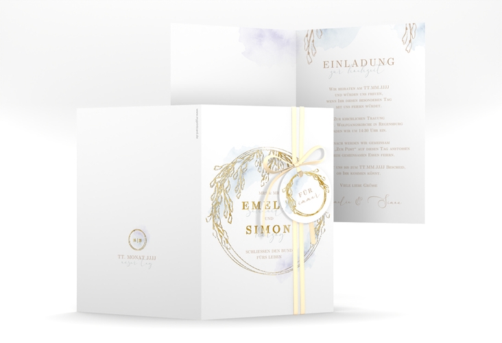Einladungskarte Hochzeit Wisteria A6 Klappkarte hoch gold mit Blumenbogen aus Blauregen