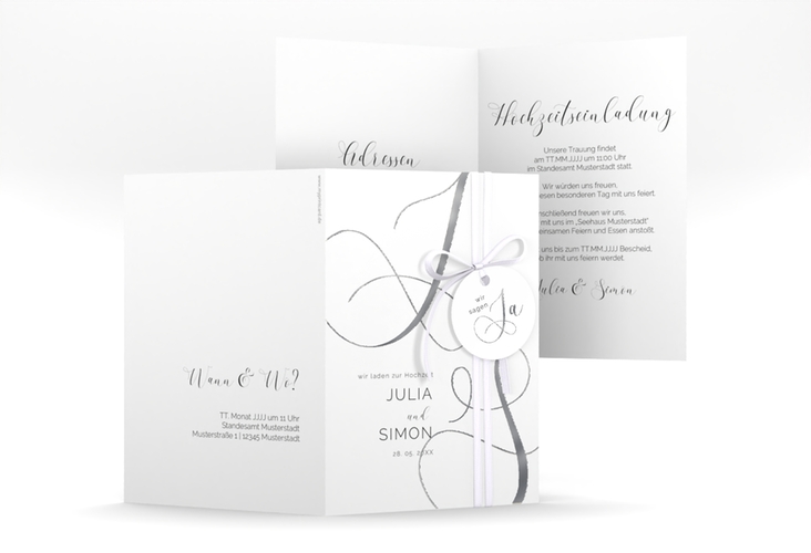 Hochzeitseinladung Eheschließung A6 Klappkarte hoch silber mit Gräsern und Trockenblumen für Boho-Hochzeit