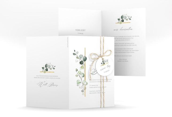 Einladungskarte Hochzeit Adelya A6 Klappkarte hoch gold elegant mit Eukalyptus-Motiv