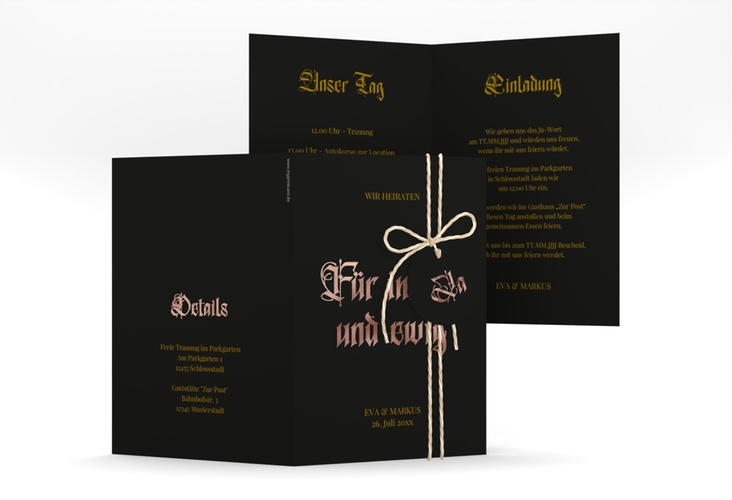 Einladungskarte Hochzeit Gothic A6 Klappkarte hoch rosegold