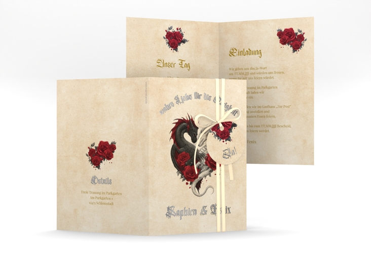 Einladungskarte Hochzeit Drachenliebe A6 Klappkarte hoch silber mit schwarzem und weißem Drachen zu einem Herz verschlungen