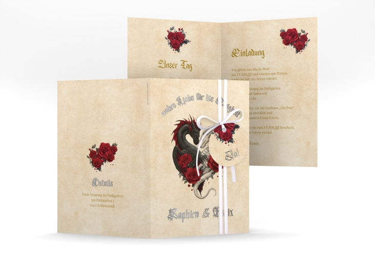 Einladungskarte Hochzeit Drachenliebe A6 Klappkarte hoch silber mit schwarzem und weißem Drachen zu einem Herz verschlungen