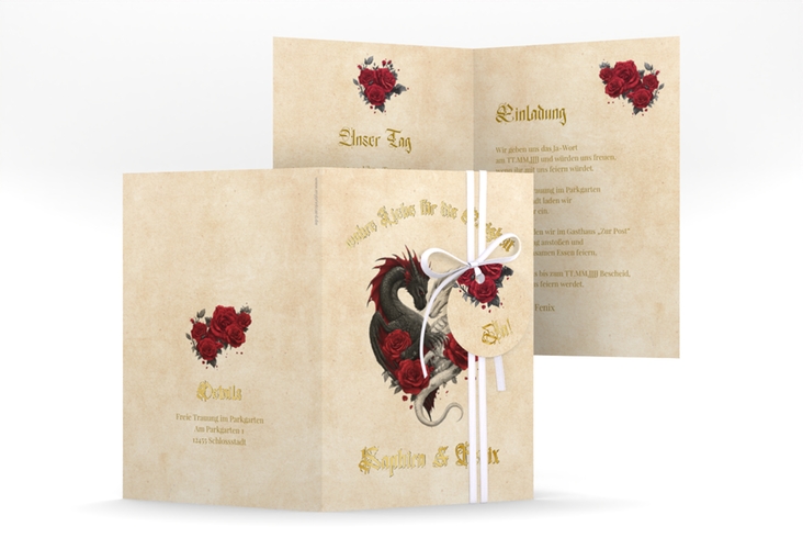 Einladungskarte Hochzeit Drachenliebe A6 Klappkarte hoch gold mit schwarzem und weißem Drachen zu einem Herz verschlungen