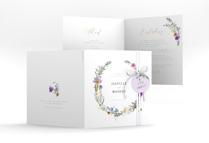 Hochzeitseinladung Blumengarten quadr. Klappkarte bunt silber mit Blumenkranz und Hummel