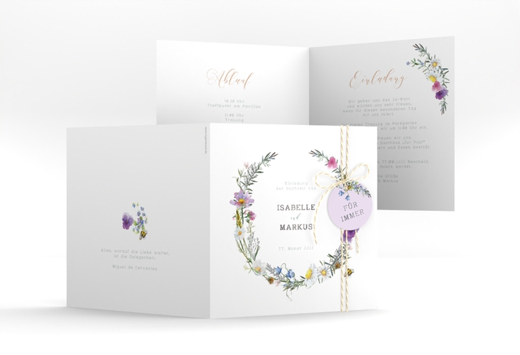 Hochzeitseinladung Blumengarten quadr. Klappkarte bunt silber mit Blumenkranz und Hummel