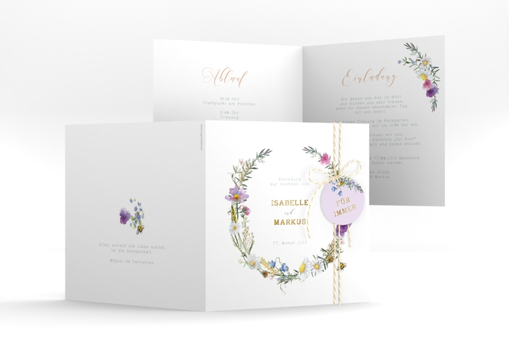 Hochzeitseinladung Blumengarten quadr. Klappkarte bunt gold mit Blumenkranz und Hummel