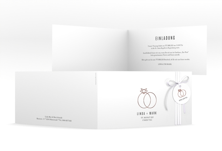 Hochzeitseinladung Rings lange Klappkarte quer rosegold