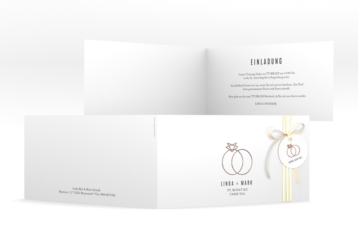 Hochzeitseinladung Rings lange Klappkarte quer rosegold