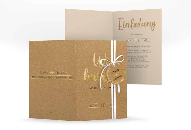 Einladungskarte Hochzeit "Noble" A6 Klappkarte hoch gold mit elegantem Schriftzug