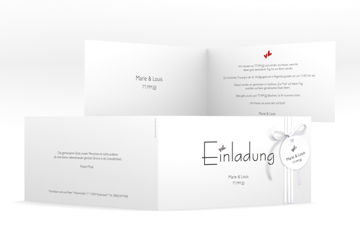 Hochzeitseinladung Twohearts lange Klappkarte quer silber