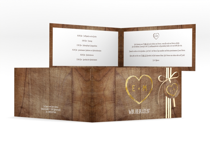 Hochzeitseinladung Wood lange Klappkarte quer gold