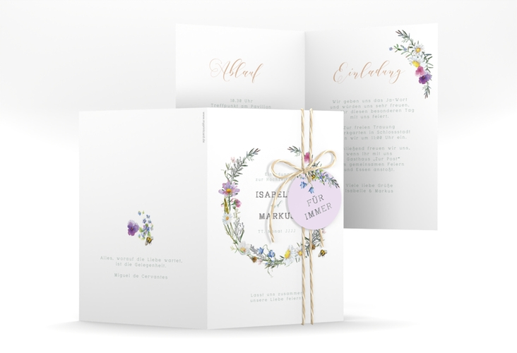 Einladungskarte Hochzeit Blumengarten A6 Klappkarte hoch silber mit Blumenkranz und Hummel
