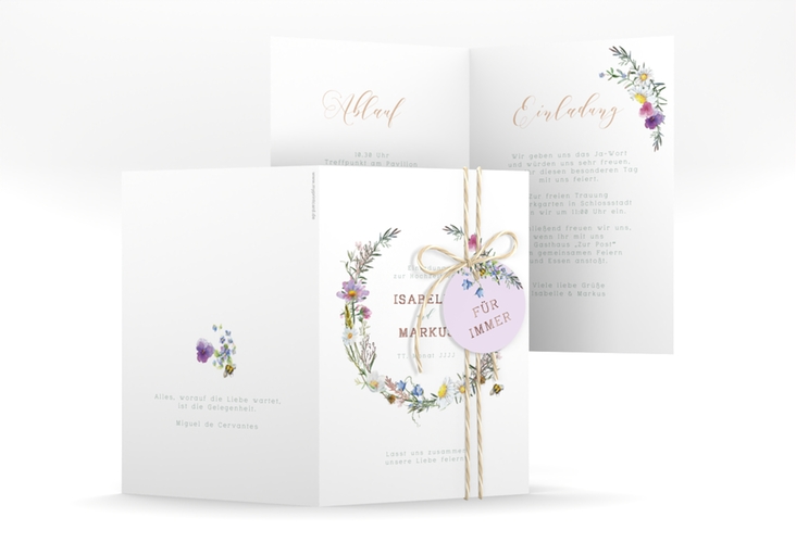 Einladungskarte Hochzeit Blumengarten A6 Klappkarte hoch rosegold mit Blumenkranz und Hummel