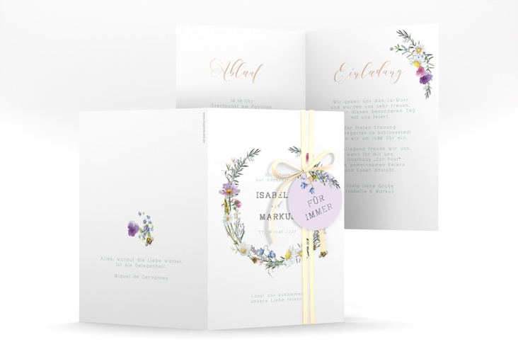 Einladungskarte Hochzeit Blumengarten A6 Klappkarte hoch silber mit Blumenkranz und Hummel