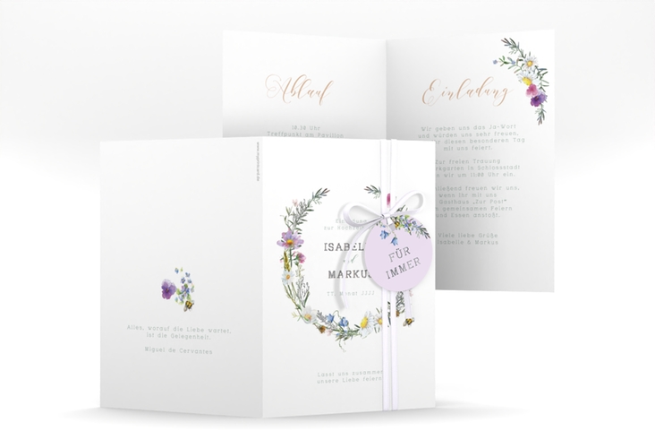Einladungskarte Hochzeit Blumengarten A6 Klappkarte hoch silber mit Blumenkranz und Hummel