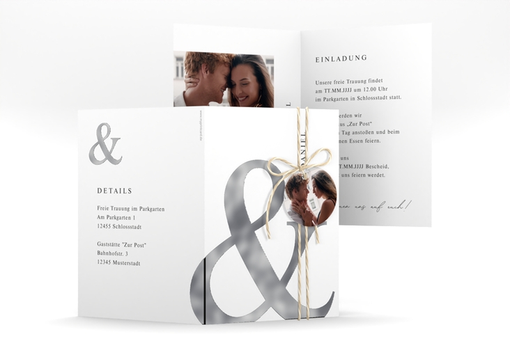 Einladungskarte Hochzeit And A6 Klappkarte hoch silber