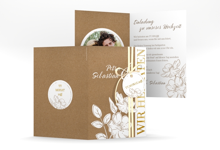 Einladungskarte Hochzeit Windflower A6 Klappkarte hoch gold mit Wildrosen