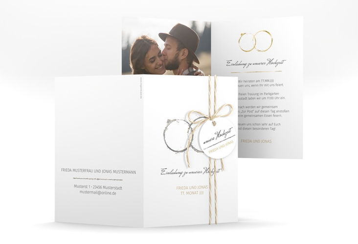 Einladungskarte Hochzeit Trauringe A6 Klappkarte hoch silber minimalistisch gestaltet mit zwei Eheringen