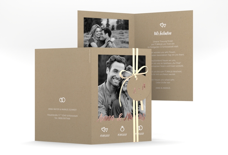 Einladungskarte Hochzeit Icons A6 Klappkarte hoch rosegold im Kraftpapier-Look mit Foto