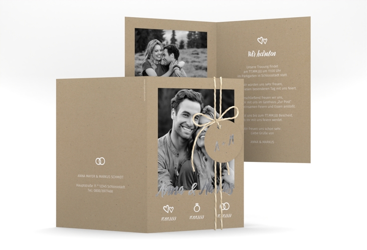 Einladungskarte Hochzeit Icons A6 Klappkarte hoch silber im Kraftpapier-Look mit Foto