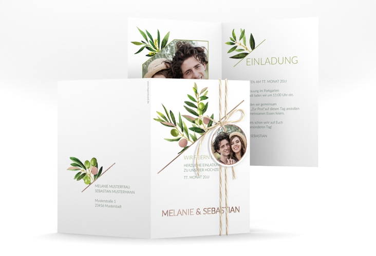 Einladungskarte Hochzeit Olivenzweig A6 Klappkarte hoch rosegold