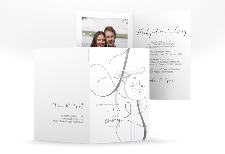 Hochzeitseinladung Eheschließung A6 Klappkarte hoch silber mit Gräsern und Trockenblumen für Boho-Hochzeit