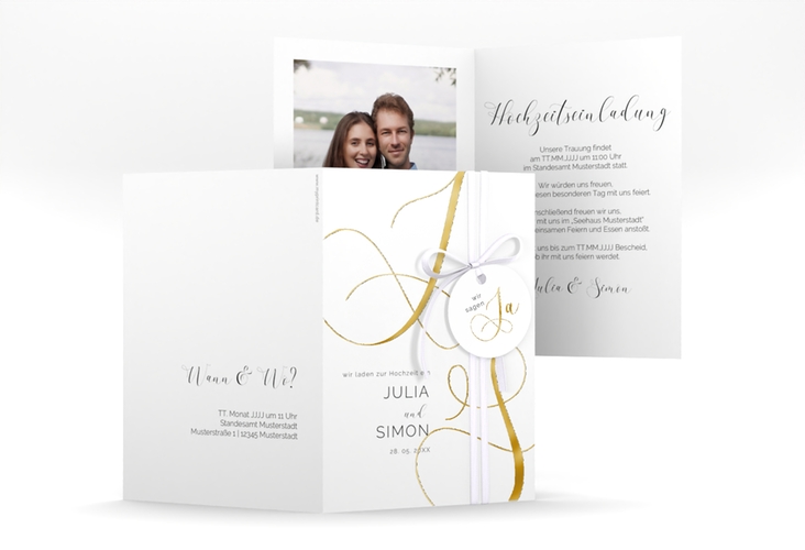 Hochzeitseinladung Eheschließung A6 Klappkarte hoch gold mit Gräsern und Trockenblumen für Boho-Hochzeit